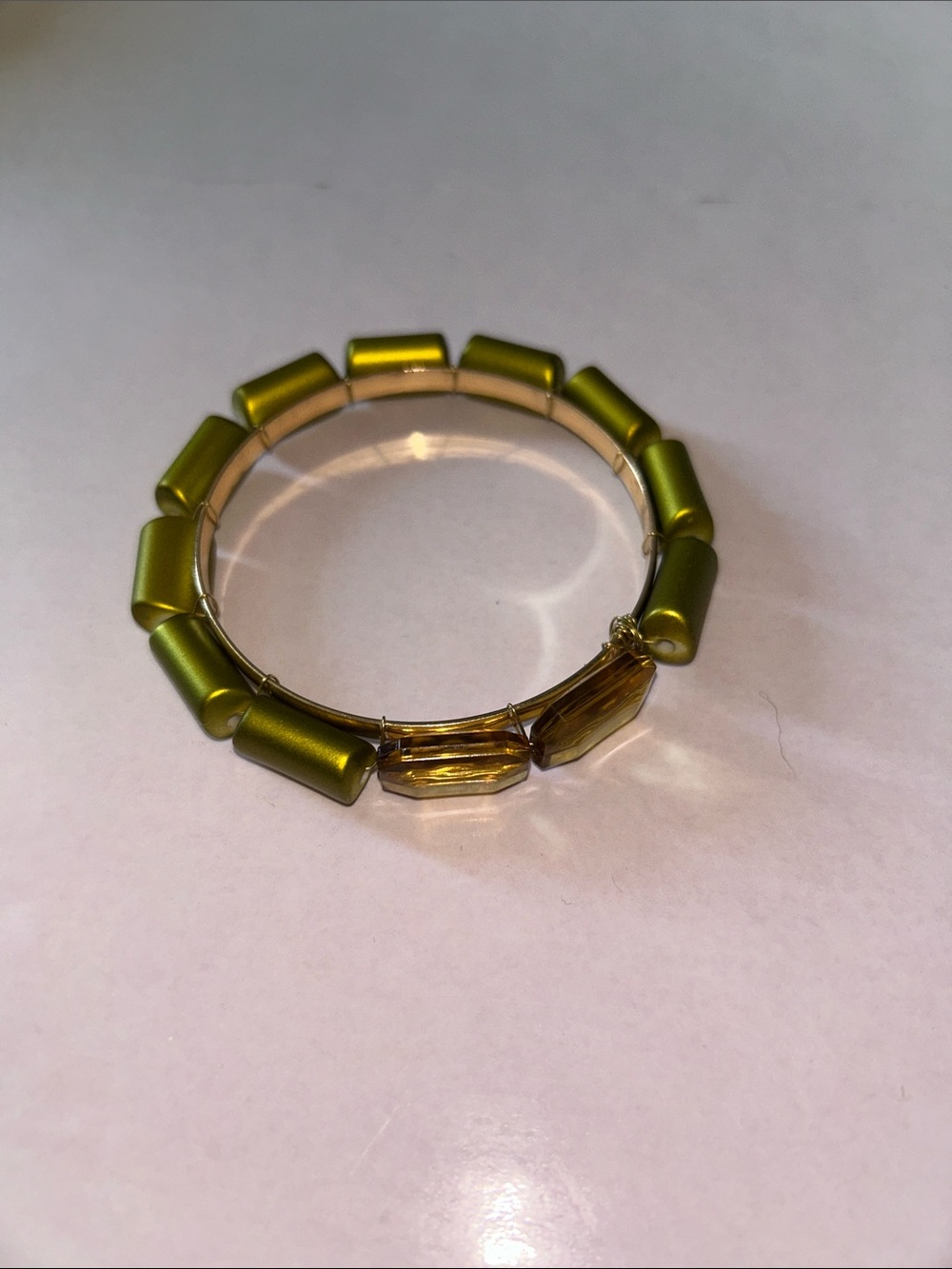 Handmade Olive Green & Gold Tube Bangle Beaded Bracelet for Women